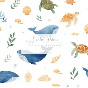 May include: Watercolor seamless pattern featuring whales, sea turtles, seashells, fish, and aquatic plants in shades of blue, orange, and green on a white background. The text "Seamless Pattern" is displayed in the center.