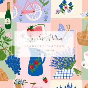 May include: A seamless pattern featuring illustrations of blue grapes, pink flowers, a green wine bottle, a pink bicycle, a slice of watermelon, butterflies, a basket of croissants, a blue pitcher with strawberries, lavender, and a teacup.