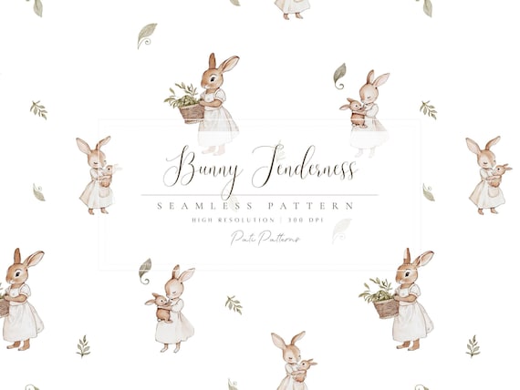 Watercolor Bunny Seamless Pattern - Textile Design for Kids - Woodland Animals in Vintage Style - Watercolor Baby Rabbit - Instant Download