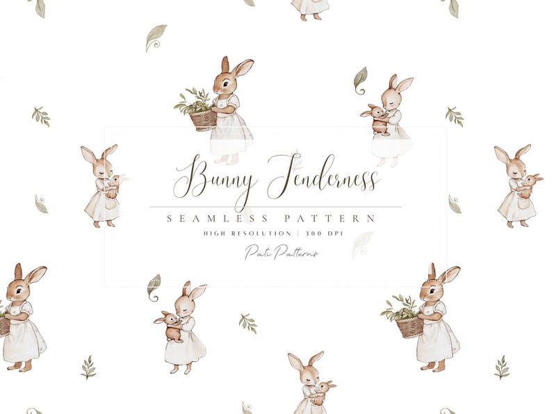 Watercolor Bunny Seamless Pattern - Textile Design for Kids - Woodland Animals in Vintage Style - Watercolor Baby Rabbit - Instant Download image 1