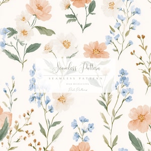 Może przedstawiać: Bezszwowy wzór z akwarelowymi kwiatami w odcieniach brzoskwini, bieli i błękitu, z zielonymi liśćmi na kremowym tle. Projekt zawiera tekst "Seamless Pattern" i "High Resolution".