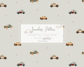 Vintage Car Seamless Pattern, Retro Watercolor Cars Digital Paper, Baby Boys Nursery Fabric Design, Kids Auto Printable,  Background, Cute