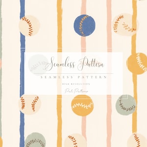 May include: A seamless pattern design with baseballs in shades of blue, orange, and pink, each with brown stitching. Vertical stripes in blue, yellow, and pink alternate with the baseballs on a cream background. The text "Seamless Pattern" is displayed.