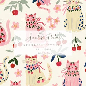 May include: A seamless pattern featuring illustrated cats in shades of pink and cream, adorned with cherry motifs and small pink flowers. The design includes text that reads Seamless Pattern, High Resolution, and Pati Patterns in the center.