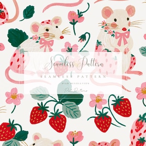 Cute Strawberry Mouse Seamless Pattern PNG, Fast Download, Commercial Use, Kawaii Spring Mice, Summer Fruit Fabric, Kids Scrapbook