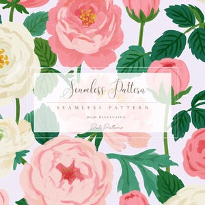 May include: A seamless pattern featuring hand-painted style pink and white roses with green leaves on a light lavender background. The image includes text overlays reading Seamless Pattern, SEAMLESS PATTERN, HIGH RESOLUTION, and Panti Patterns.