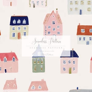 Puede incluir: Un patrón sin costuras con ilustraciones de acuarela de casas coloridas. Las casas tienen varios colores de techo, incluyendo rojo, azul y rosa, con ventanas y puertas detalladas. El texto "Seamless Pattern" se muestra en una fuente decorativa.