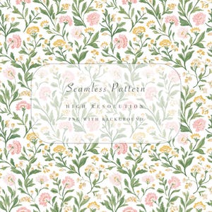 May include: Seamless floral pattern featuring pink and yellow flowers with green leaves on a white background. The text "Seamless Pattern" and "High Resolution PNG with Background" is displayed in a white rectangle.