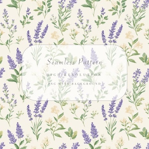 May include: A seamless pattern featuring watercolor illustrations of lavender sprigs, yellow flowers, and green leaves on a cream background. The design includes the text "Seamless Pattern" and "High Resolution PNG with Background".
