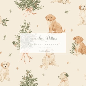 May include: A seamless pattern with watercolour illustrations of golden retriever puppies, Christmas trees, and floral accents on a cream backdrop. The text "Seamless Pattern" is displayed in a rectangular frame.
