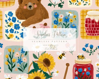 Motivo a casetta con ape, orsetto, fiori e girasoli, senza soluzione di continuità, PNG con sfondo, download veloce, utilizzo commerciale per lavoretti per bambini