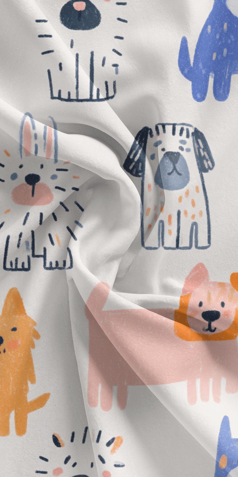 K&ouml;nnte beinhalten: Wei&szlig;er Stoff mit einem sich wiederholenden Muster aus Cartoon-Hunden und anderen Tieren in verschiedenen Farben. Die Illustrationen haben einfache Linien und Formen mit Details wie Ohren, Pfoten und Schw&auml;nzen. Der Stoff ist leicht zerknittert.