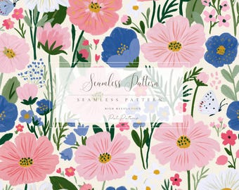 Motivo floreale senza soluzione di continuità per giardino in stile cottage, PNG, ideale per lavoretti primaverili per bambini, download veloce, utilizzo commerciale, sfondo con fiori rosa e blu