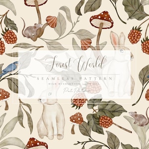 May include: Watercolor seamless pattern featuring forest elements. The design includes mushrooms, berries, leaves, rabbits, mice, and birds. The text "Forest World" is displayed in a rectangular frame. The color palette is soft, with earthy tones.