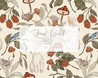 Motivo senza cuciture con conigli del bosco - Carta da parati "Bosco dei bambini" - Carta da parati vintage per bambini - Decorazioni murali per baby shower - Design in tessuto - Raspberry Art