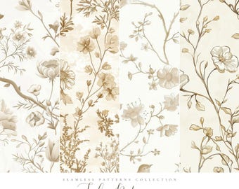 May include: A collection of seamless patterns featuring botanical designs in shades of beige and brown. The patterns include floral and bird motifs, with the text "Toile Botanique" and "Seamless Patterns Collection". The image is high resolution.