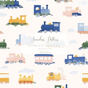 May include: Watercolor pattern featuring various toy train illustrations in shades of blue, yellow, pink, and green. The design includes the text "Seamless Pattern" and "Pati Patterns" on a cream background.