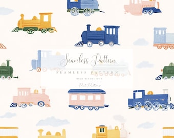 Modello senza cuciture di un simpatico treno a vapore in formato PNG per bambini, design giocoso di un treno giocattolo, download veloce, uso commerciale