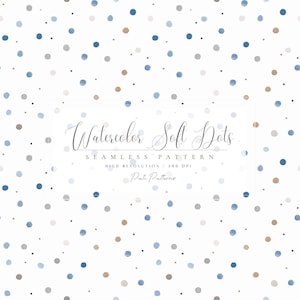 Puede incluir: Un patrón sin costuras de puntos suaves de acuarela en azul, gris y marrón sobre un fondo blanco. El diseño incluye pequeños puntos dispersos y el texto "Watercolor Soft Dots" con detalles sobre la resolución y el nombre del artista.