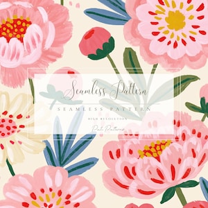 May include: A seamless floral pattern featuring large pink peonies with yellow and red centers, surrounded by green leaves and blue accents, set against a cream background. The text "Seamless Pattern" is displayed.