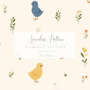 Könnte beinhalten: Nahtloses Musterdesign mit Illustrationen von blauen und gelben Vögeln, Blumen und Grün auf cremefarbenem Hintergrund. Der Text "Seamless Pattern" wird in einer dekorativen Schriftart angezeigt. Die Worte "High Resolution" sind ebenfalls sichtbar.