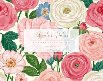Motivo senza soluzione di continuità Rosa da Giardino Blush PNG, design floreale Ranuncolo Avorio, download veloce, utilizzo commerciale per creazioni primaverili e natalizie