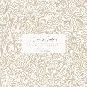 Könnte beinhalten: Ein nahtloses Musterdesign mit einem fließenden, organischen Motiv in Beige- und Off-White-Tönen. Das Design hat ein natürliches, strukturiertes Aussehen mit einem sich wiederholenden Muster aus geschwungenen Linien. Der Text "Seamless Pattern" wird in einem rechteckigen Feld angezeigt.
