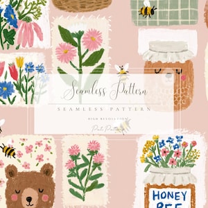 Può includere: Un motivo senza cuciture con illustrazioni di fiori, barattoli di miele e api su sfondo rosa. Il design include varie composizioni floreali, facce di orsi e il testo "Seamless Pattern".