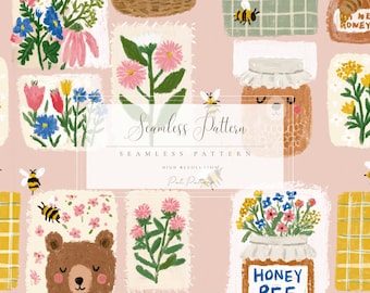 Motivo patchwork senza soluzione di continuità con casetta delle api in formato PNG, simpatici orsetti floreali e api, download veloce, utilizzo commerciale, decorazioni primaverili ed estive per bambini