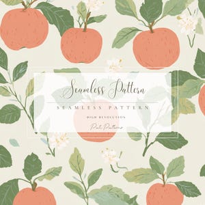Patrón de manzana sin costuras con hojas verdes, diseño de fruta infantil, descarga rápida, uso comercial, fondo PNG