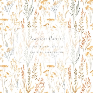 May include: Seamless pattern featuring watercolor illustrations of dried flowers and grasses in shades of yellow, brown, and green on a white background. The text "Seamless Pattern" is displayed in an elegant font.