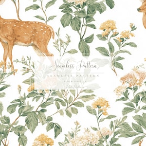 Puede incluir: Patrón sin costuras de acuarela con un ciervo, flores amarillas y blancas y hojas verdes sobre un fondo blanco. El texto "Seamless Pattern" se muestra en una elegante escritura. Diseño floral de alta resolución.
