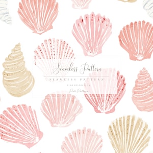 May include: Watercolor pattern featuring various seashells in shades of pink, peach, and beige against a white background. The design includes a variety of shell shapes and sizes, with the words "Seamless Pattern" in the center.