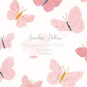 May include: A seamless pattern of pink butterflies with yellow and black details, painted in a watercolour style, set against a white backdrop. The butterflies are arranged in a random pattern. The text "Seamless Pattern" is also visible.