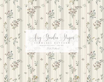 Striped Garden Blooms Seamless Pattern - Vintage Floral Digital Paper - Cottagecore Wallpaper Design - Instant Download PNG - Floral Paper
