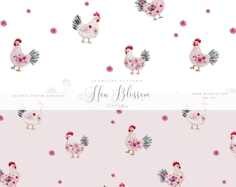 Blumenhuhn-nahtloses Muster - Bauernhaushuhn-Wiederholungsmuster - Bauernhof-Henne-nahtlose Datei - Bauernhof-Tier-Digital-Hintergrund - trendige Kunst