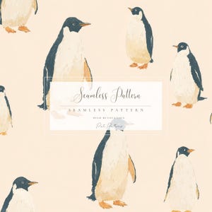 Könnte beinhalten: Ein nahtloses Muster mit Aquarellillustrationen von Pinguinen in Schwarz-, Weiß- und Beigetönen. Die Pinguine sind in verschiedenen Posen vor einem hellbeigen Hintergrund dargestellt. Der Text "Seamless Pattern" wird in einem rechteckigen Rahmen angezeigt.