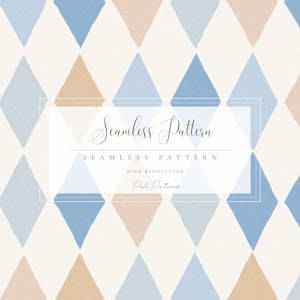 May include: Seamless pattern featuring a repeating diamond design in shades of blue and tan on a white background. The text "Seamless Pattern" is displayed in an elegant script font.