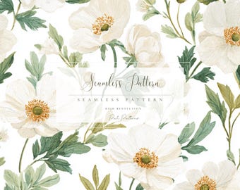 White Anemone Floral Seamless Pattern PNG, Wedding Spring Flowers, Elegant Botanical Digital Paper, Fast Download, Commercial Use