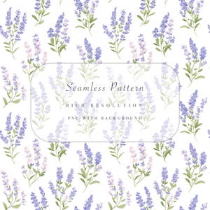 Puede incluir: Patrón sin costuras con ramitas de lavanda en acuarela, en tonos morados y verdes sobre fondo blanco. El diseño incluye el texto "Seamless Pattern", "High Resolution" y "PNG with Background".