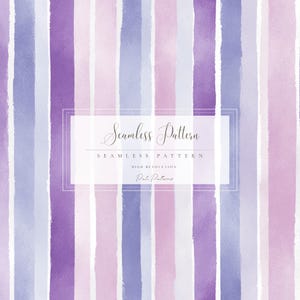 May include: A seamless pattern design with vertical watercolour stripes in shades of purple, lavender, and white. The image includes text that reads "Seamless Pattern" and "High Resolution".
