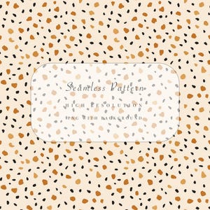Pode incluir: Um design de padrão sem costura com um fundo bege salpicado de formas irregulares em preto, castanho e bege. Um retângulo arredondado exibe as palavras "Seamless Pattern" e "High Resolution".