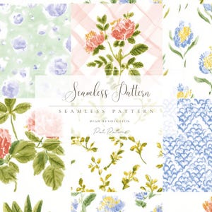 May include: A collection of watercolor seamless patterns featuring floral and botanical designs. The patterns include pink roses, blue and yellow flowers, and green foliage on a white background. The image also includes the text "Seamless Pattern".