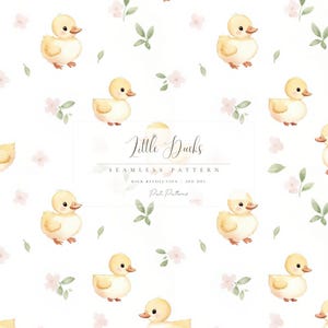 Op de afbeelding: Naadloos patroon met aquarel illustraties van gele eendjes, roze bloemen en groene bladeren op een witte achtergrond. De tekst "Little Ducks" wordt weergegeven. Hoge resolutie, 300 DPI.