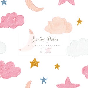 May include: A seamless pattern with watercolour illustrations of pink, peach, and white clouds, gold and blue stars, and peach crescent moons on a white background. The text "Seamless Pattern" is displayed in a decorative font. The words "Seamless Pattern" and "High Resolution" are also visible.