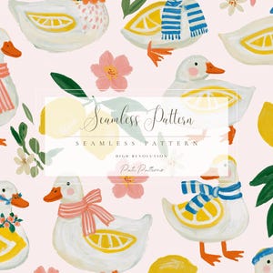 May include: A seamless pattern featuring white ducks with orange beaks and feet, wearing striped scarves, interspersed with yellow lemons, green leaves, and pink flowers on a light pink background. Text reads Seamless Pattern.