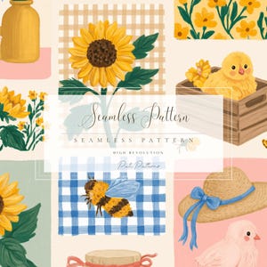 Sonnenblume Bauernhaus Patchwork nahtlose Muster für Kinder, Frühling Ostern Küken PNG, schnell Download, kommerzielle Nutzung