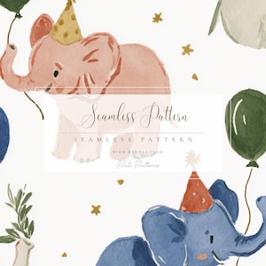 May include: Watercolor seamless pattern featuring elephants wearing party hats and holding balloons in shades of pink and blue. Gold stars and text "Seamless Pattern" are also included.