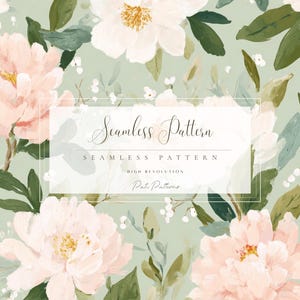 May include: A watercolour floral seamless pattern with large pink and white peonies, green leaves, and small white flowers on a pale green backdrop. The text "Seamless Pattern" is displayed within a rectangular frame.