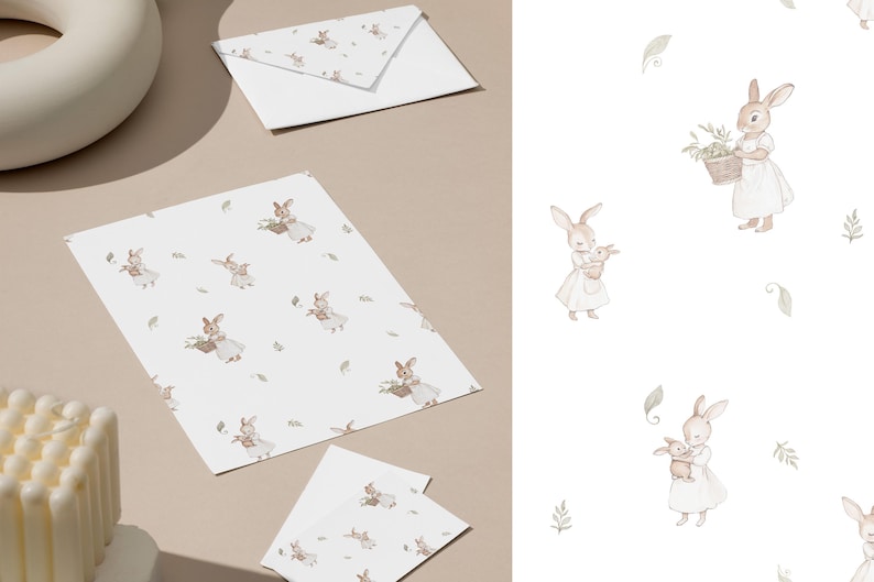 Watercolor Bunny Seamless Pattern - Textile Design for Kids - Woodland Animals in Vintage Style - Watercolor Baby Rabbit - Instant Download image 10